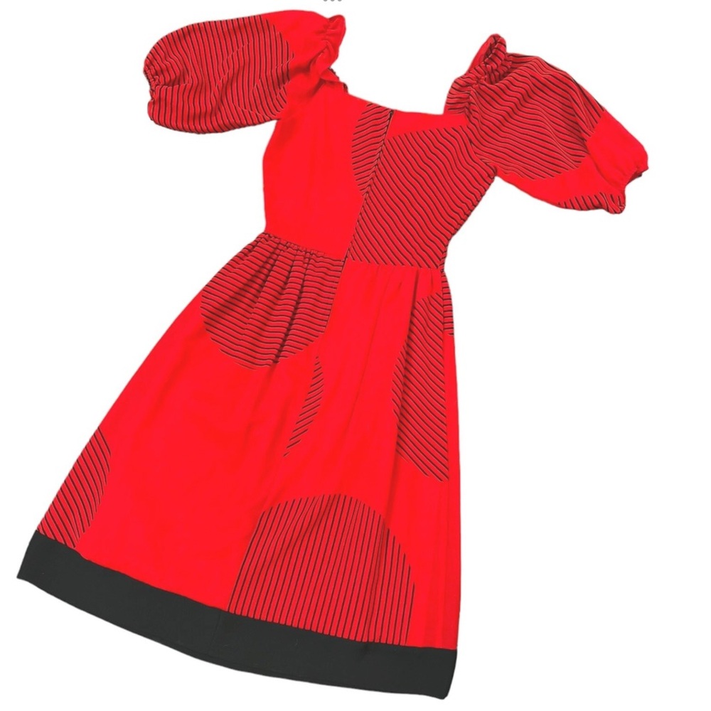 Vintage 1980s Cinnamon Red Op Art Puff Sleeve Off Shoulder Midi Dress M - Picture 6 of 8